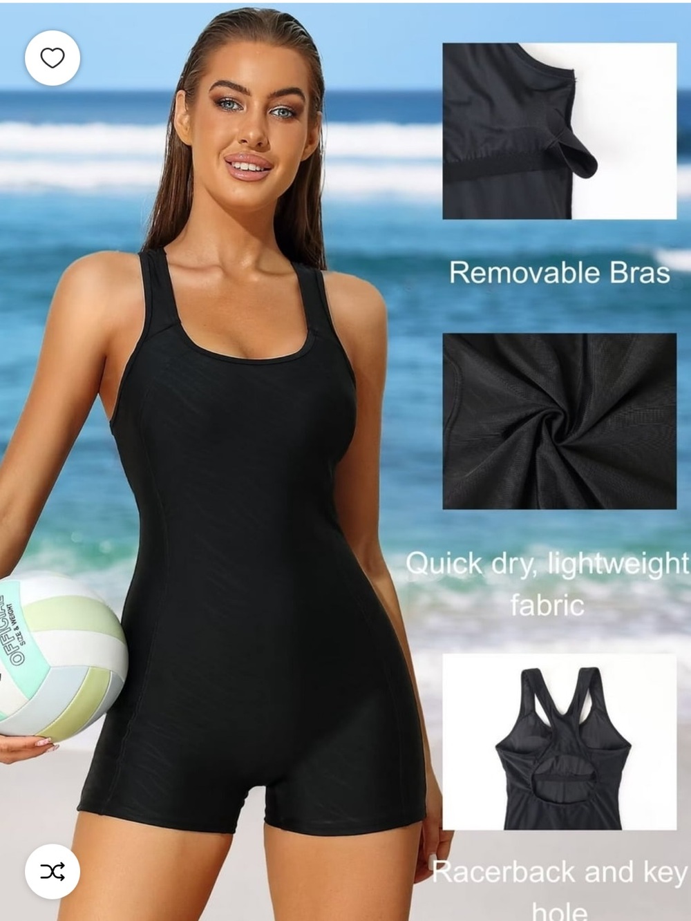 Charmo Black One Piece Tummy Control Swimsuit Boy-leg Sports Swimwear Racerback